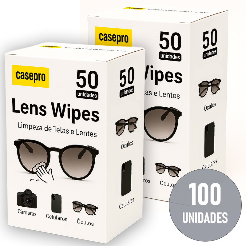 Embalagem da caixa Lens Wipes Casepro com 100 lenços umedecidos para limpeza de óculos e lentes