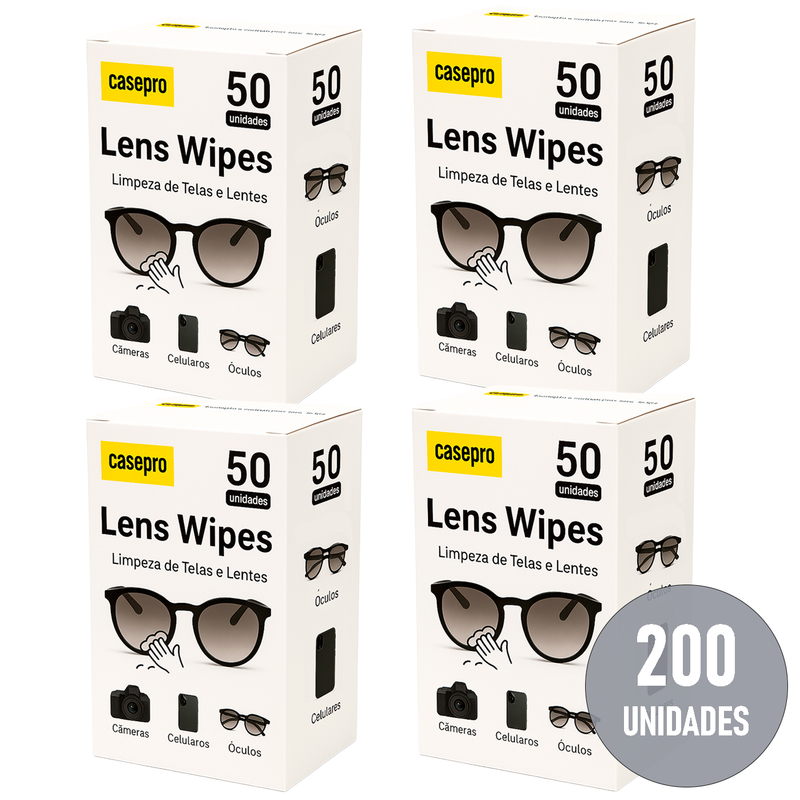 Embalagem da caixa Lens Wipes Casepro com 200 lenços umedecidos para limpeza de óculos e lentes