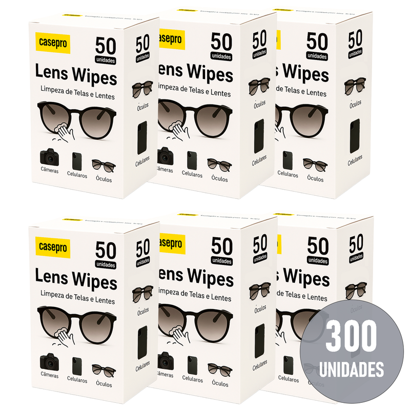 Embalagem da caixa Lens Wipes Casepro com 300 lenços umedecidos para limpeza de óculos e lentes
