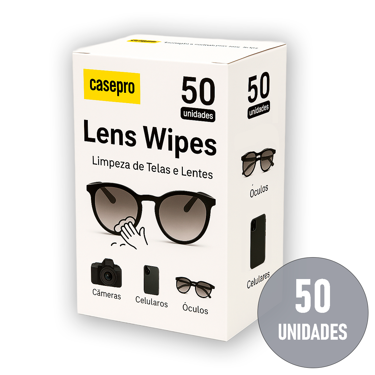 Lens Wipes 50 Lenços Umedecidos Limpeza Óculos Lente Casepro