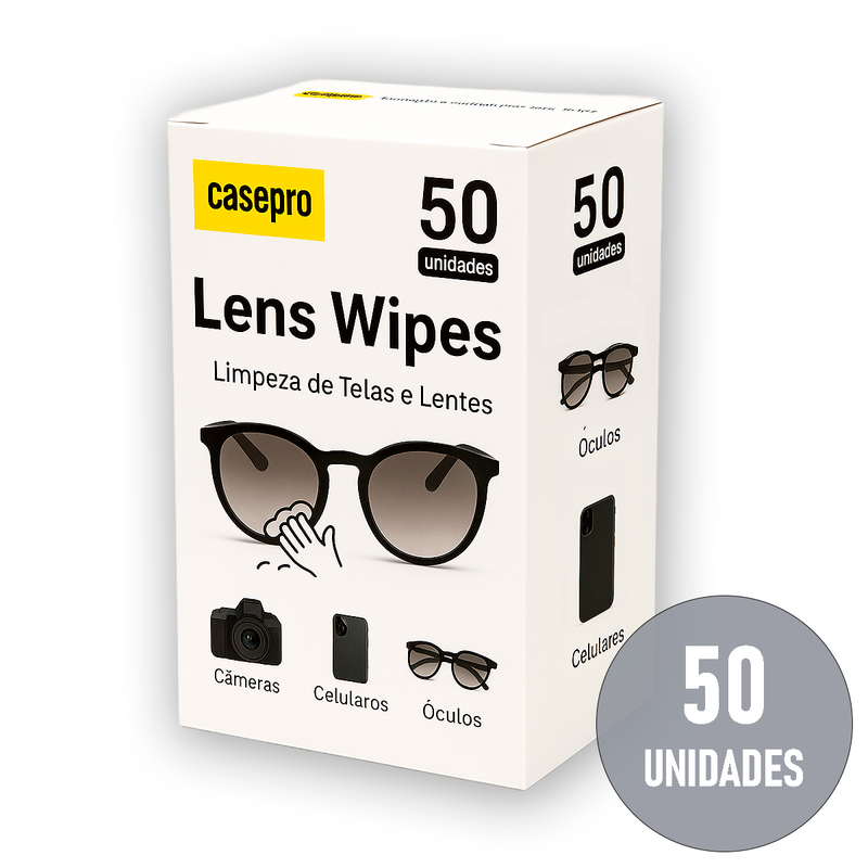 Embalagem da caixa Lens Wipes Casepro com 50 lenços umedecidos para limpeza de óculos e lentes